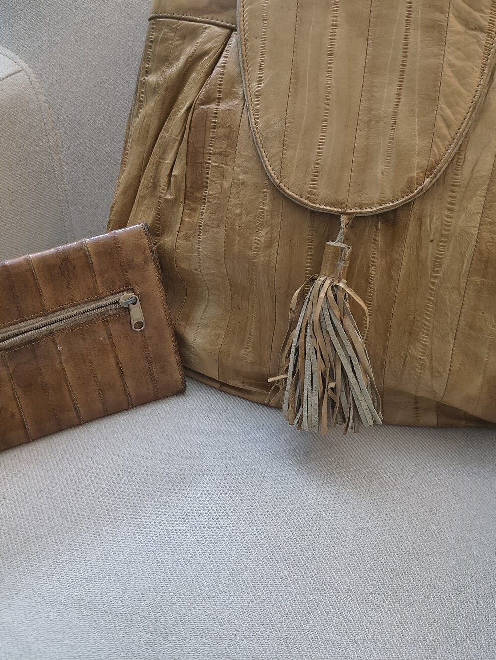 Vintage Genuine Eel Skin Leather Tote & Matching Wallet Set | Soft Buttery Leath